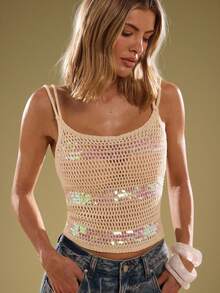 SHEIN BAE Women Solid Open Knit Sequin Tank Top,Halter Tops,Summer For Women,Summer Tops,Vacation Woman,Tank Tops,Sweaters,Beach For Woman,Beach,Halter Top,Cute Tops,Crop Tops Women,Going Out Tops Women,Fall Sweaters,Fall Women,Fall,Fall,Cute Tops School,Fall Tops,Rave,Bachelorette,Cute,Cute Sweater - Apricot - View 6