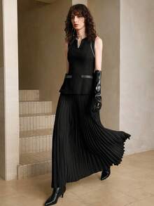 Arave 优雅法式手工串珠无袖背心拼布褶皱女式长裙 - 黑色 - 查看 1