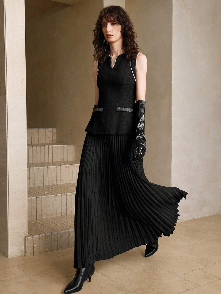 Arave 优雅法式手工串珠无袖背心拼布褶皱女式长裙 - 黑色 - 查看 1