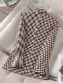 GlowEve CURVE 大码女式秋季千鸟格翻领长袖单排扣优雅西装外套，适合女士冬季穿着 - 咖啡棕 - 查看 2