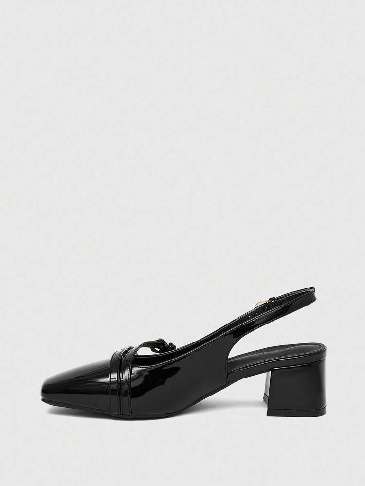 CUCCOO BIZCHIC Women's Classic Chunky Heel Square Toe Slingback Pumps, Black, Versatile For Daily Wear, Commuting, Shopping, Office Spring Shoes