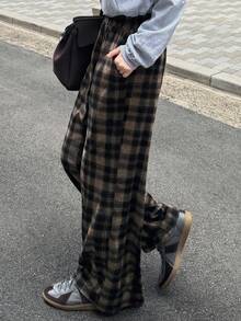 FRIFUL 女士格子阔腿撞色保暖加厚长裤，秋季适合万圣节穿着 - 棕色 - 查看 1