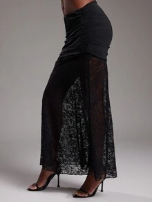 NYA SZN 裙摆高腰修身飘逸褶饰细节蕾丝性感外出夜场派对日常休闲仙女风可爱超长款秋冬适合女性通勤装 - 黑色 - 查看 7