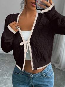 Selianne 女士法式休闲百搭菱形纹理长袖针织开衫 - 咖啡棕 - 查看 5