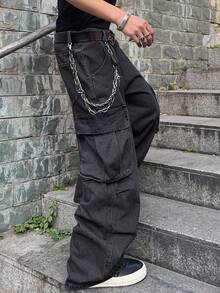 Manfinity EMRG 宽松男士翻盖口袋和侧面板设计工装牛仔裤（不含腰带），宽松牛仔裤，垃圾摇滚 - 黑色 - 查看 5