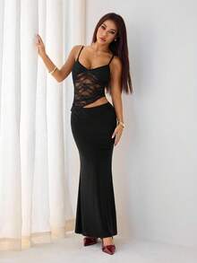 SHEIN PETITE Váy maxi ren đen xuyên thấu gợi cảm cho kỳ nghỉ hè trên bãi biển, thích hợp cho hẹn hò hàng ngày, đi chơi đêm, hộp đêm, tiệc tùng, tụ tập, tiệc cocktail, tiệc hồ bơi, trang phục mùa tựu trường, váy mùa tựu trường, váy ngày lễ váy nữ váy không tay gợi cảm màu trơn cho nữ, váy trắng, váy đi nghỉ - màu đen - Xem 8