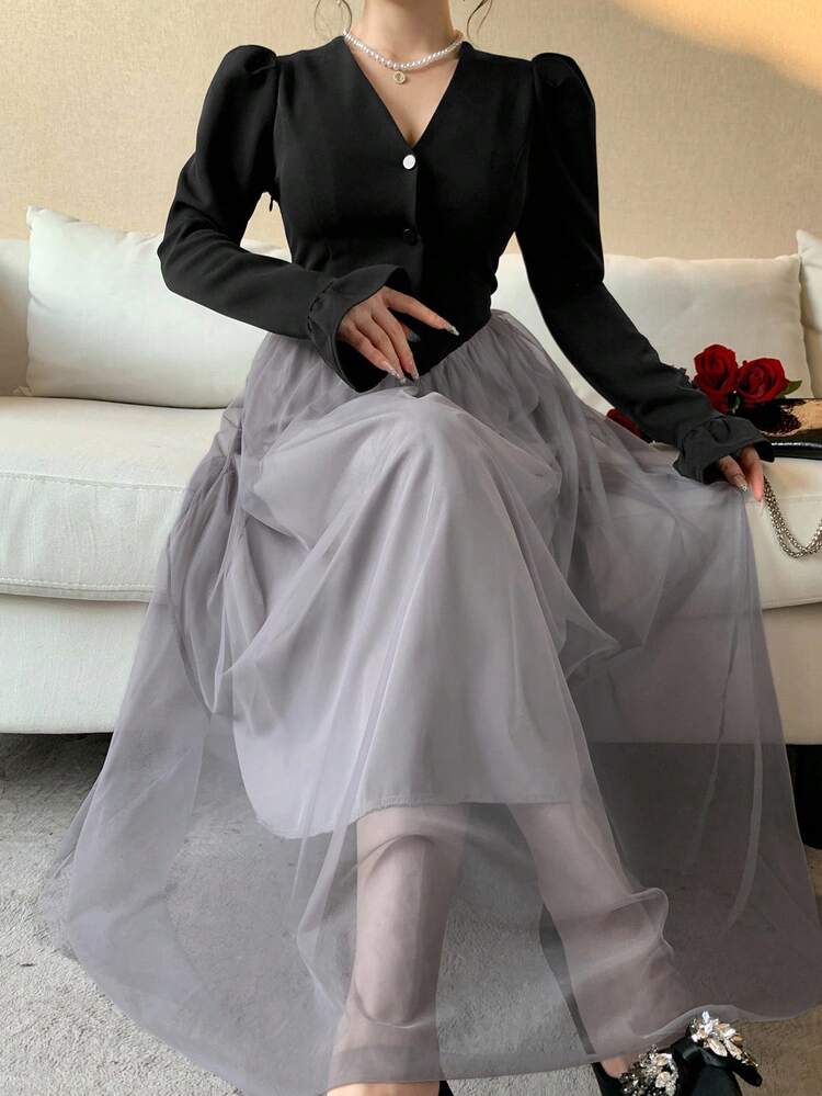 Women's Contrast Color V-Neck Long Sleeve Button Half Placket Mesh Hem Elegant Mid-Length Dress