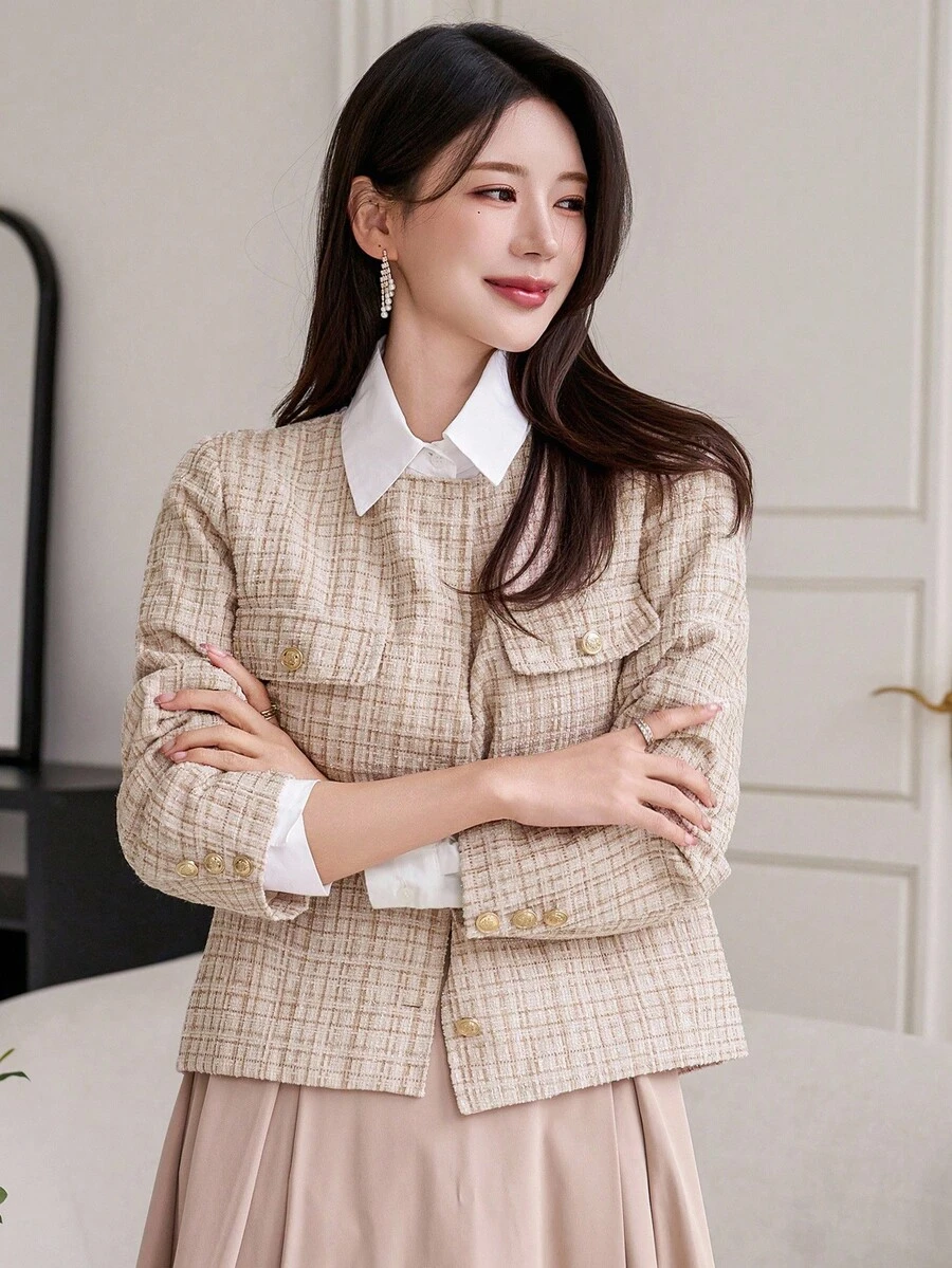 DAZY 女士休闲圆领口袋常规款夹克，秋季格子女式外套 - 粉色 - 查看 1