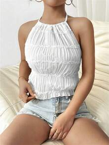 Chiquease 女式纯色细肩带露背荷叶边下摆短款上衣 - 白色 - 查看 4