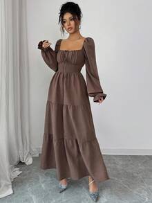 Rafferiza Almamuse 女士优雅休闲方领短款泡泡袖纯色长款吊带连衣裙，适合春秋季日常休闲、度假和婚礼，休闲可爱性感西式服装，完美适合乡村音乐会服装 - 咖啡棕 - 查看 7