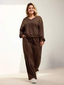 Momelise Setelan Sweatshirt dan Celana Kasual Warna Polos untuk Wanita Ukuran Besar, Musim Gugur/Musim Dingin - Coklat - View 7