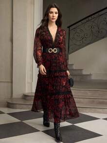 ZEYLAH Floral Print Patchwork Lace Romantic Women Dress, Autumn/Winter - Multicolor - View 6