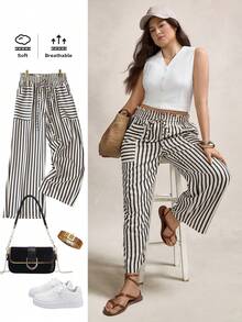 Zelara 大码女式彩虹条纹春夏休闲时尚宽松高腰荷叶边蕾丝腰带裤女式夏季服装女式夏季服装可爱夏季下装秋季女装返校节商务休闲女式基本款斯德哥尔摩风格教师服装 - 黑與白 - 查看 1