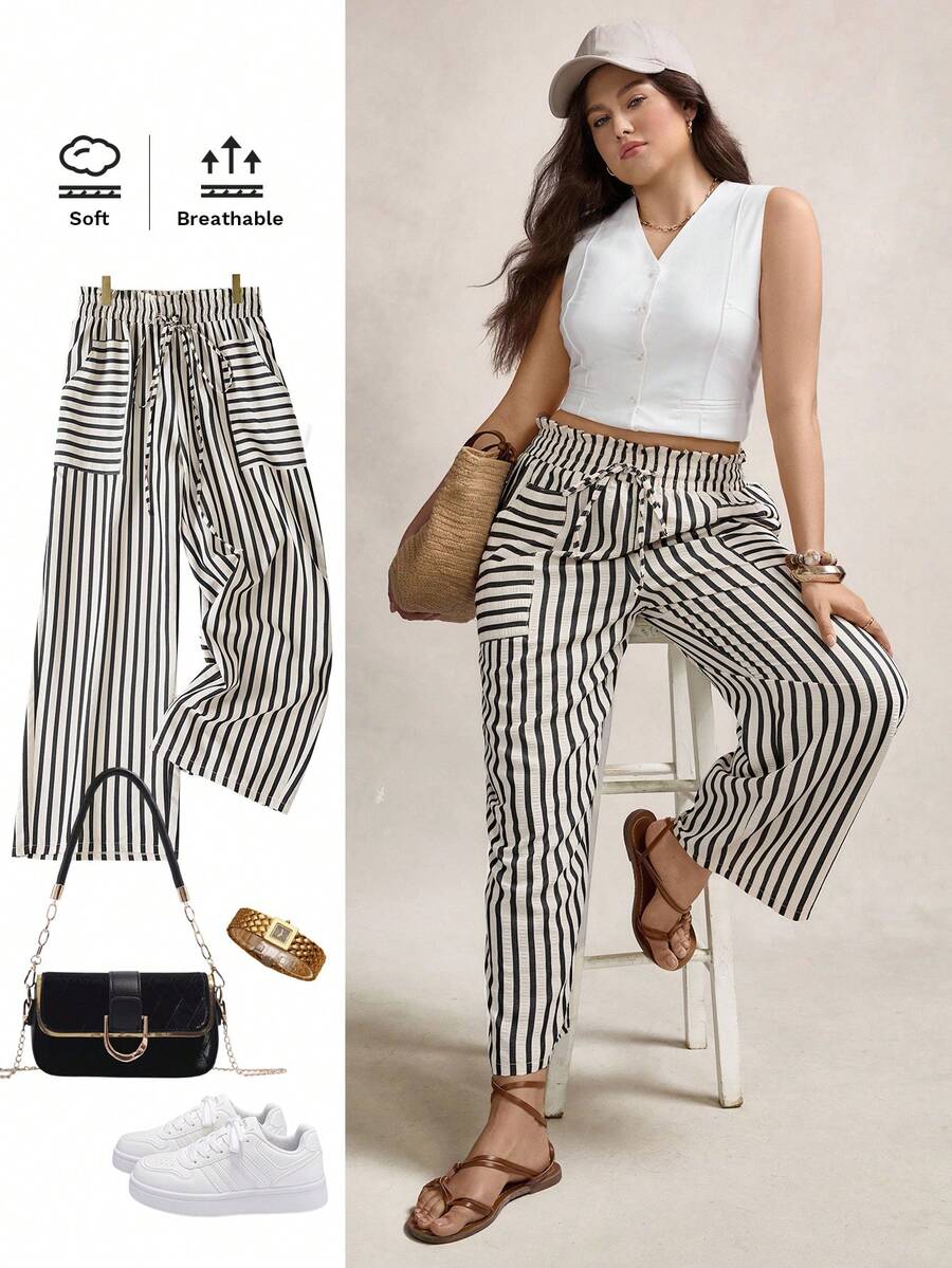 Zelara 大码女式彩虹条纹春夏休闲时尚宽松高腰荷叶边蕾丝腰带裤女式夏季服装女式夏季服装可爱夏季下装秋季女装返校节商务休闲女式基本款斯德哥尔摩风格教师服装 - 黑與白 - 查看 1