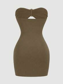 Sweetra Sexy einfarbiges minimalistisches gerafftes Bodycon Minikleid - Braun - Übersicht 2