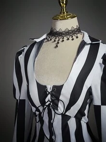 SHEIN ICON 女式万圣节夸张条纹泡泡袖哥特式上衣 - 黑與白 - 查看 4