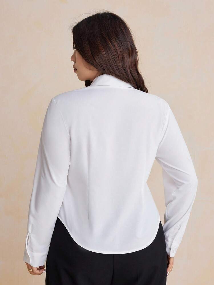 Dazy Plus Plus Size Women's Basic Solid Color Collared Fitted Long Sleeve White Casual Shirt Fall
