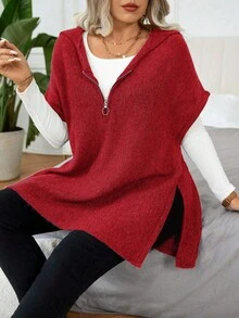 EMERY ROSE Plus Size Zip Front Batwing Sleeve Minimalist Hooded Sweater Vest For New Year Clothes Winter Fall Autumn