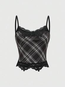 ROMWE J-Fashion 性感豹纹蕾丝花边蝴蝶结网眼弹力紧身女式吊带背心 - 黑色 - 查看 1