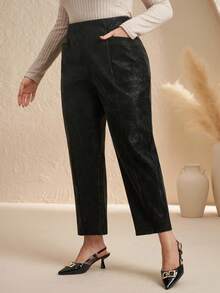 Chikora Plus Size Women Elegant PU Leather Ankle Length Pants With Pockets, Black Skinny Trousers High Waist Pants Elegant Pants For Women Curve Petite Pants