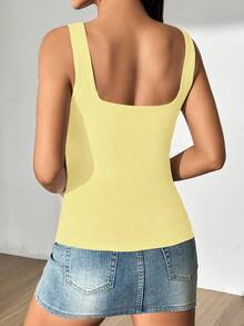 Fiercella Fiercella Women's Solid Color Square Neck Pleated Cropped Fitted Casual Tank Top - Yellow - View 2