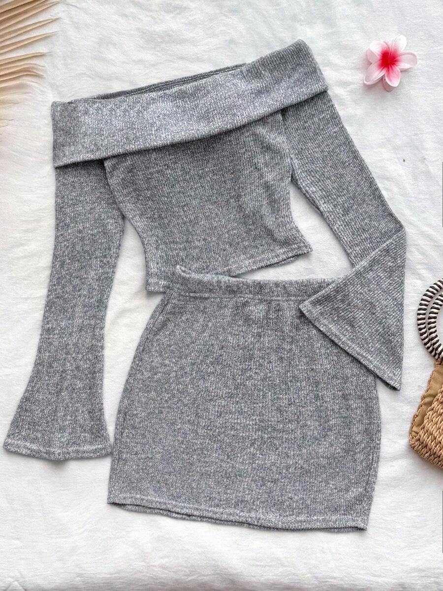 少女休闲露肩T恤和迷你裙套装，浅灰色 - 灰色 - 查看 1