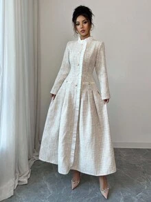 SHEIN Elenzya 女士优雅圆领荷叶边装饰修身百褶腰修身长裙，适合日常办公、下午茶、温柔淑女风、秋季 - 杏色 - 查看 4