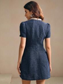 Anewsta New Autumn/Winter Fitted Round Neck Beaded Short Dress, Suitable For Spring, Summer, Going Out, Elegant, Formal, Party, Chic, New Year, Christmas, Graduation