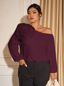 Cravure Blusa elegante e minimalista da donna con spalle scoperte, maniche lunghe e decorazione floreale 3D color albicocca, adatta per l'estate - Viola viola - Visualizzare 6