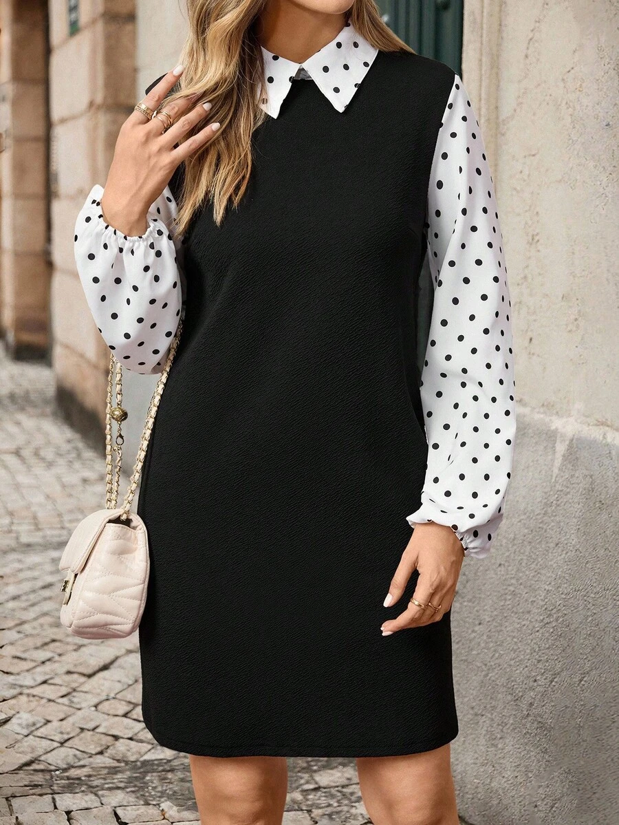 EMERY ROSE 拼接圓點印花燈籠袖連衣裙 - 黑與白 - 查看 1