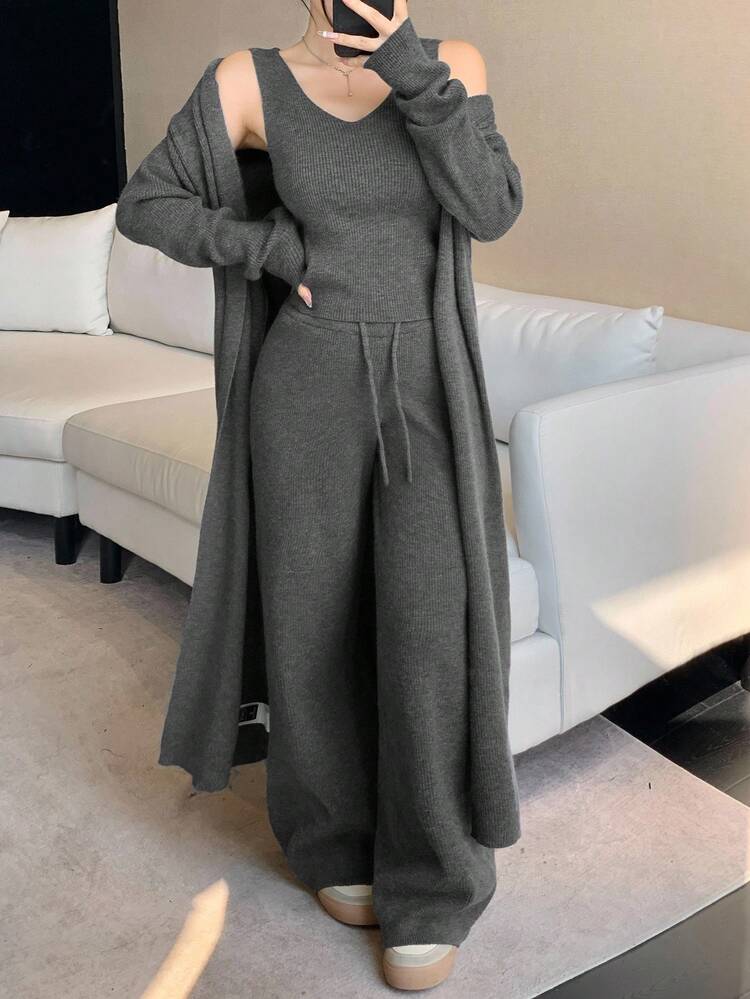 Women's Solid Color Long Sleeve Knitted Cardigan, Sleeveless Knit Top And Knitted Pants 3 PiecesCasual Set, Autumn/Winter