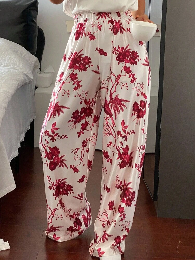 Elegant Chinese Style Floral & Bird Print Satin Loose Women Pajama Bottoms, Fall
