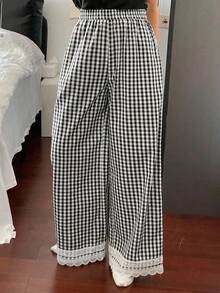 DAZY Women's Plaid Wide Leg Ruffle Trim Pajama Bottoms, Fall - Black and White - View 3