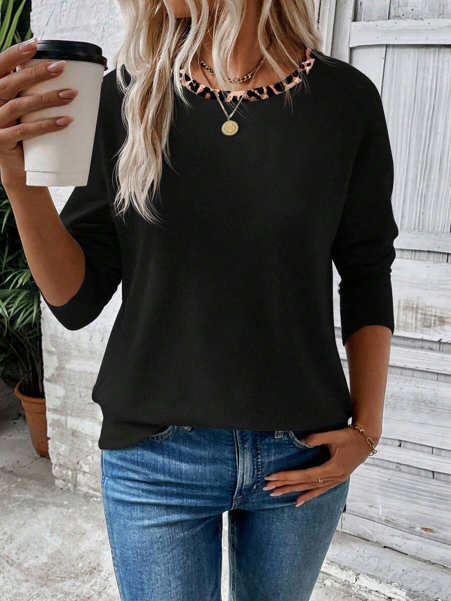 EMERY ROSE Áo thun dài tay cổ bẻ họa tiết da báo bán chạy nhất dành cho nữ, Thu/Đông - màu đen - Xem 1