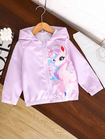 SHEIN 少女独角兽印花拉链连帽休闲夹克，秋季