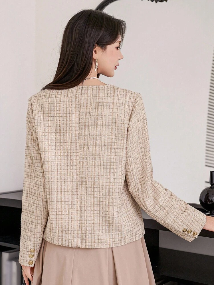 Women's Casual Round Neck Pocket Regular Jacket, Autumn Plaid Women Coats