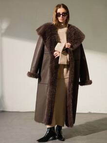 Aveloria Modichic Reversible Fashionable Minimalist High-End PU Leather Long Jacket, Faux Fur Coat For Women - Brown - View 3