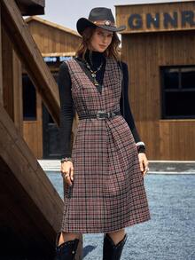 LanaWest Women's Casual Chic Tweed Woven Plaid Deep V-Neck Dress - Black - View 6