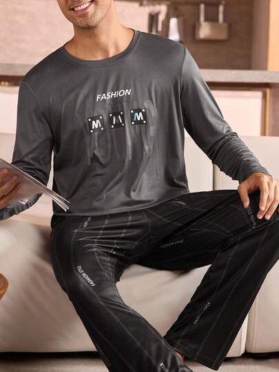 Manfinity Underwear&Sleepwear Basics Plus Size Men's Simple Print Crew Neck Long Sleeve Top And Pants Pajama Set