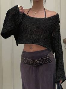 Sunnyshic Casual Versatile Vacation Style Solid Color Cropped Lightweight Off Shoulder Sweater