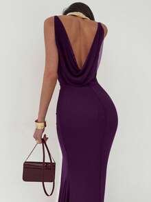 Aloruh Valentine's Day Burgundy Romantic Date Party Spaghetti Strap Bodycon Backless Draped Neck Maxi Mesh Dress For Women,Fall Wedding Guest Dress,Wedding Guest Dress Women