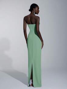 Elitara Elegant Minimalist Split Bandeau Plunging Neckline Fitted Maxi Slit Back Bridesmaid Dress - Mint Green - View 2