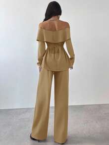 Firerie Damen elegantes Oberteil mit offener Schulter und Langarm sowie Hose, 2-teiliges Set, geeignet für den Alltag im Herbst/Winter