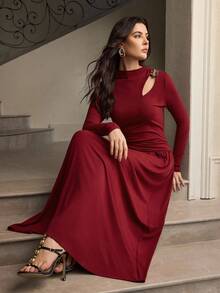 ZEYLAH Elegantes gerafftes Dekor-Knopf-Hohlkleid, Herbst/Winter - Rot - Übersicht 4