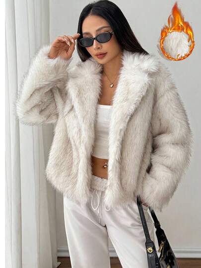 SHEIN PETITE Women's Solid Color Lapel NeckLong Sleeve Loose Faux Fur White Coat In Fall/Winter