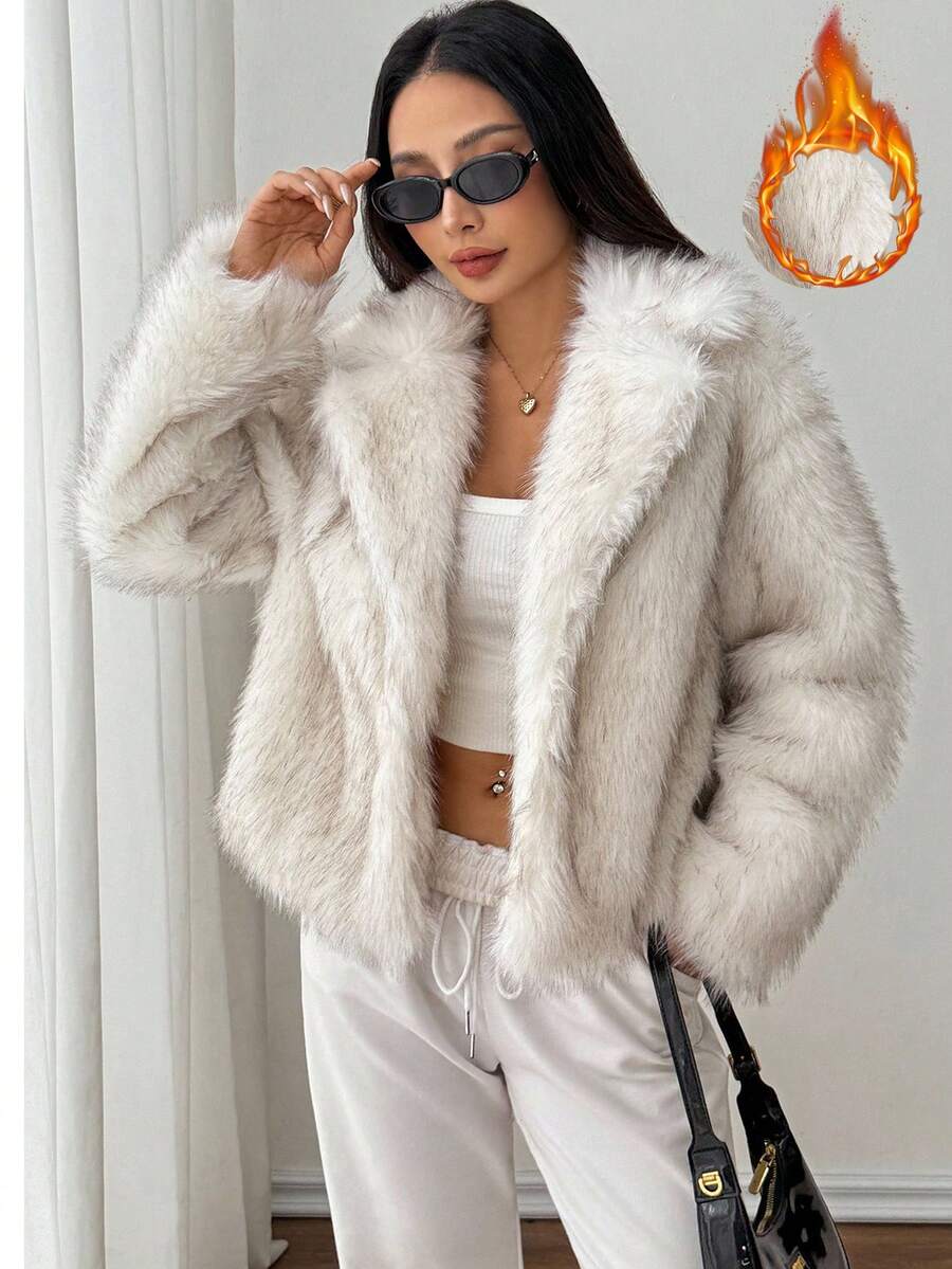 SHEIN PETITE Women's Solid Color Lapel NeckLong Sleeve Loose Faux Fur White Coat In Fall/Winter - White - View 1