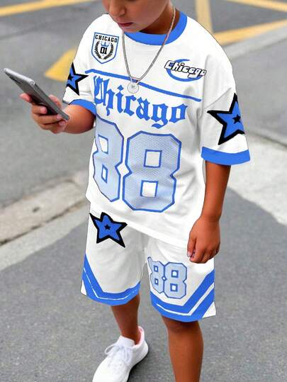 SHEIN 2pcs Tween Boy Casual Classic Cool Baseball Sports Style, Number 88, Gothic Chicago Text, Star Print Short Sleeve Crew Neck T-Shirt And Shorts Set, Suitable For Summer