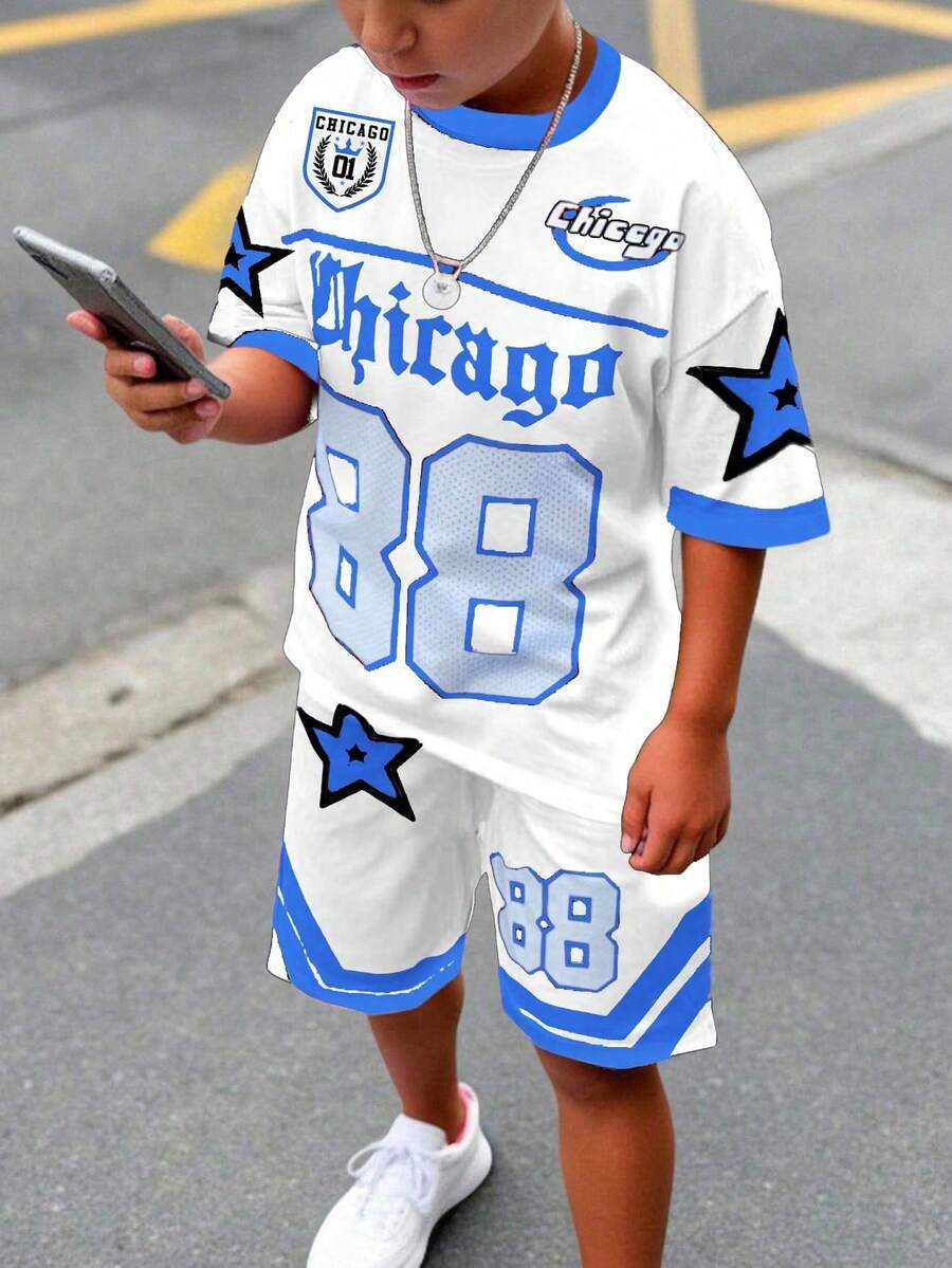 SHEIN 2pcs Tween Boy Casual Classic Cool Baseball Sports Style, Number 88, Gothic Chicago Text, Star Print Short Sleeve Crew Neck T-Shirt And Shorts Set, Suitable For Summer