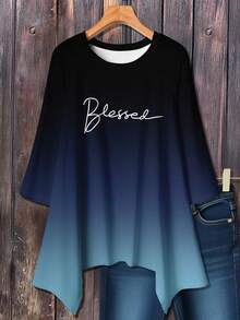 EMERY ROSE Casual Minimalist Ombre Print Long Sleeve Loose T-Shirt, Plus Size, ,Spring/Summer/Vacation Fall - Multicolor - View 1