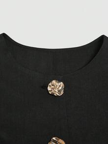 SHEIN Clasi 大码女式金属扣网眼拼接袖优雅修身衬衫，秋冬 - 黑色 - 查看 4